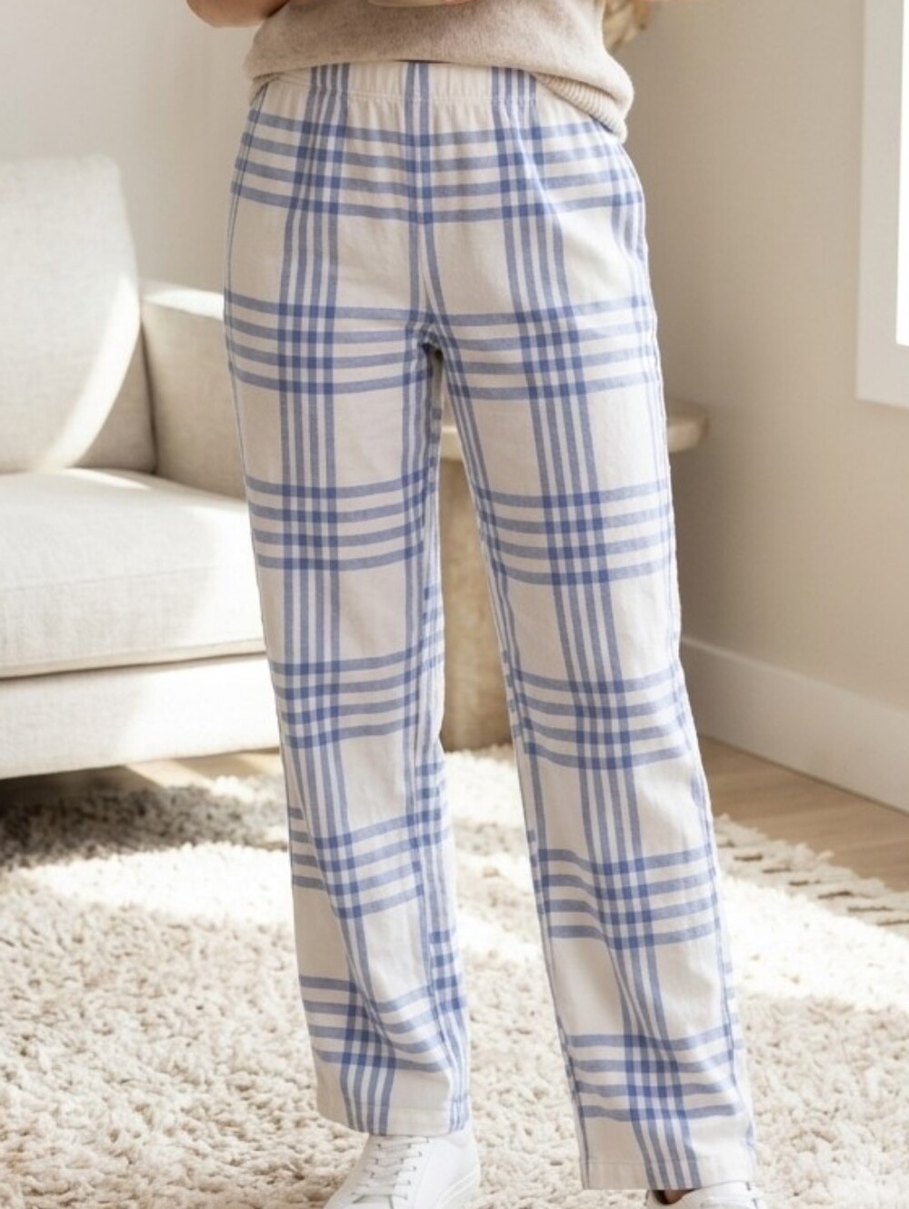 Lands End Womens Pajama Pants Small Blue White Plaid Cotton Flannel Loungewear